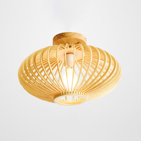 Japanese Wood Laser Cut Semi Flush Mount Ceiling Light in Beige