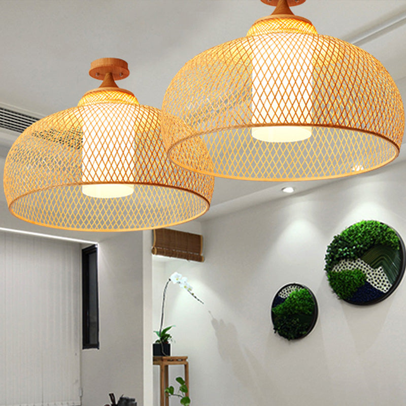 Bamboo Domed Semi Flush Light: Asian 1-Bulb Wood Ceiling Fixture, Cylinder White Shade