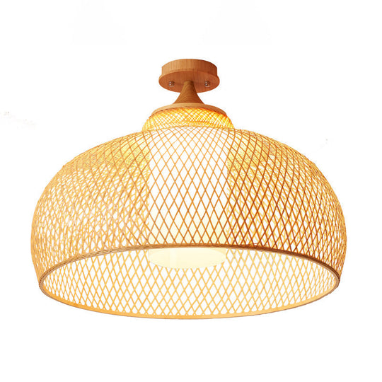 Bamboo Domed Semi Flush Light: Asian 1-Bulb Wood Ceiling Fixture, Cylinder White Shade