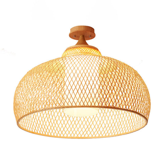 Bamboo Domed Semi Flush Light: Asian 1-Bulb Wood Ceiling Fixture Cylinder White Shade