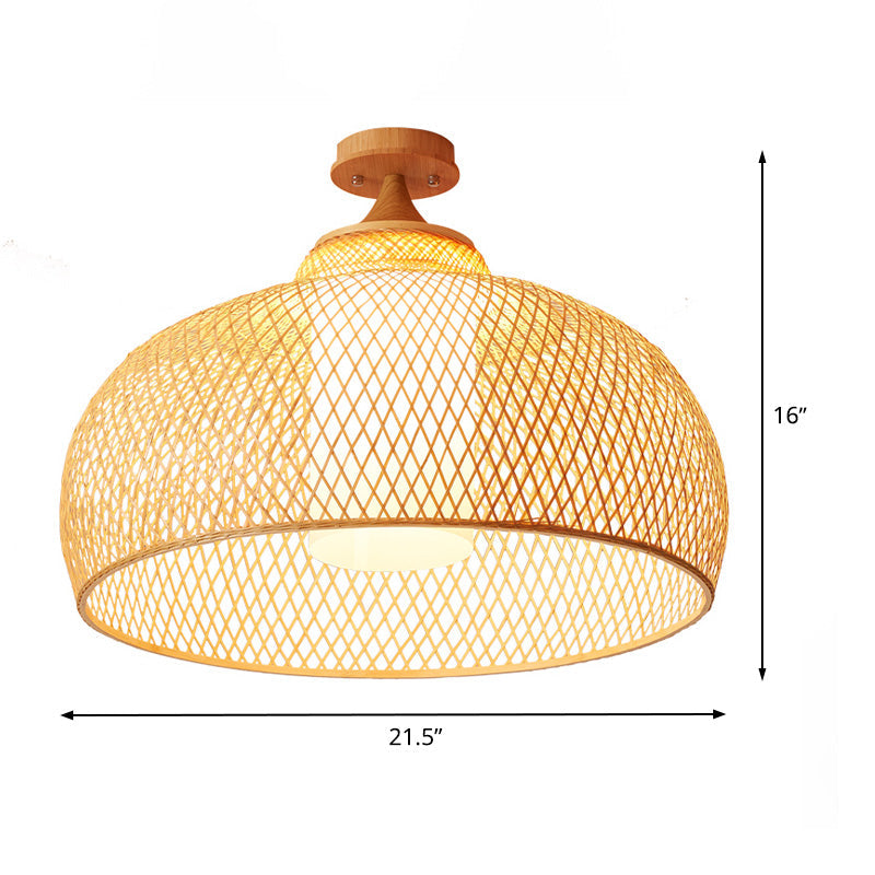 Bamboo Domed Semi Flush Light: Asian 1-Bulb Wood Ceiling Fixture, Cylinder White Shade