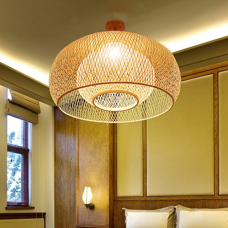 Japanese Hand Woven Bamboo Semi-Flush Mount Ceiling Lamp - Wood Finish