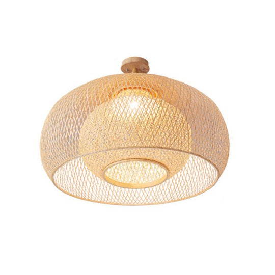 Japanese Hand Woven Bamboo Semi-Flush Mount Ceiling Lamp - Wood Finish