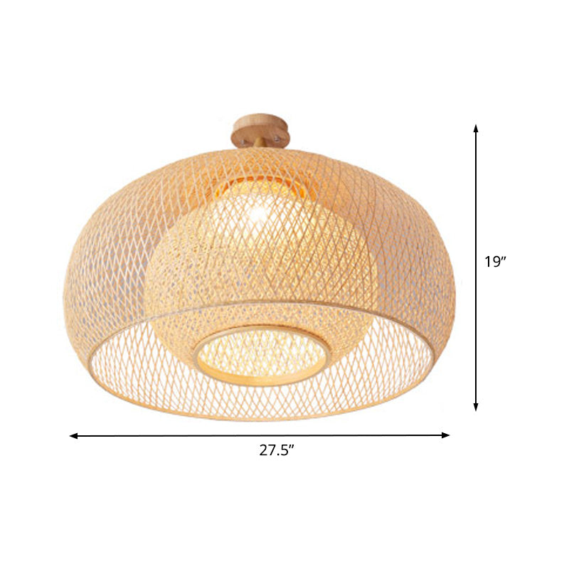 Japanese Hand Woven Bamboo Semi-Flush Mount Ceiling Lamp - Wood Finish