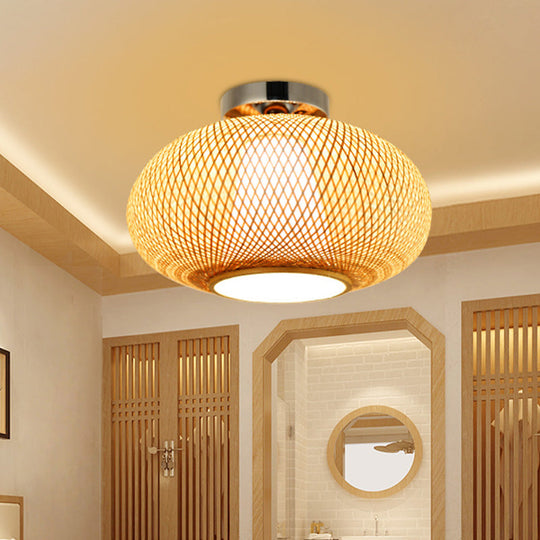 Sleek Flaxen Lantern Semi Flush Mount: Stylish Chinese Bamboo Ceiling Light for Dining Room