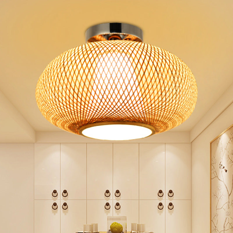 Sleek Flaxen Lantern Semi Flush Mount: Stylish Chinese Bamboo Ceiling Light for Dining Room