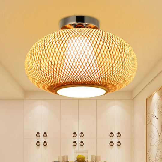 Sleek Flaxen Lantern Semi Flush Mount: Stylish Chinese Bamboo Ceiling Light for Dining Room