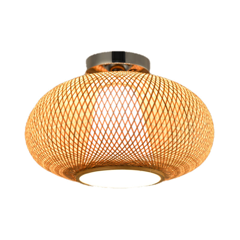 Sleek Flaxen Lantern Semi Flush Mount: Stylish Chinese Bamboo Ceiling Light for Dining Room