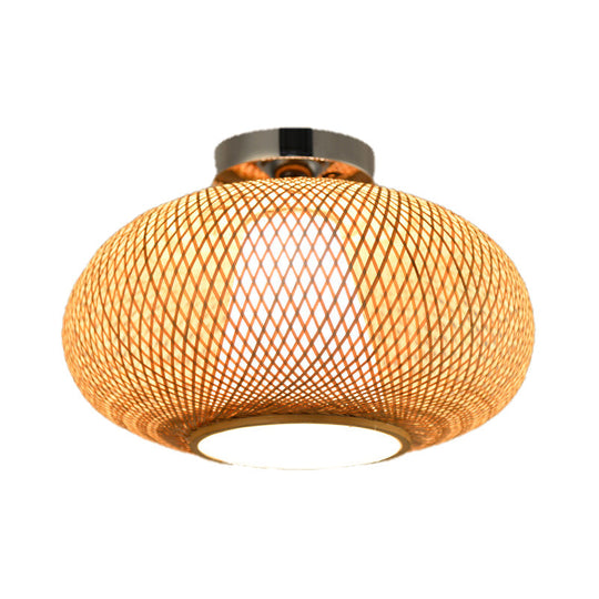 Sleek Flaxen Lantern Semi Flush Mount: Stylish Chinese Bamboo Ceiling Light for Dining Room