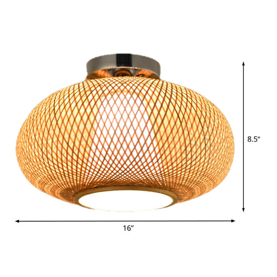 Sleek Flaxen Lantern Semi Flush Mount: Stylish Chinese Bamboo Ceiling Light for Dining Room