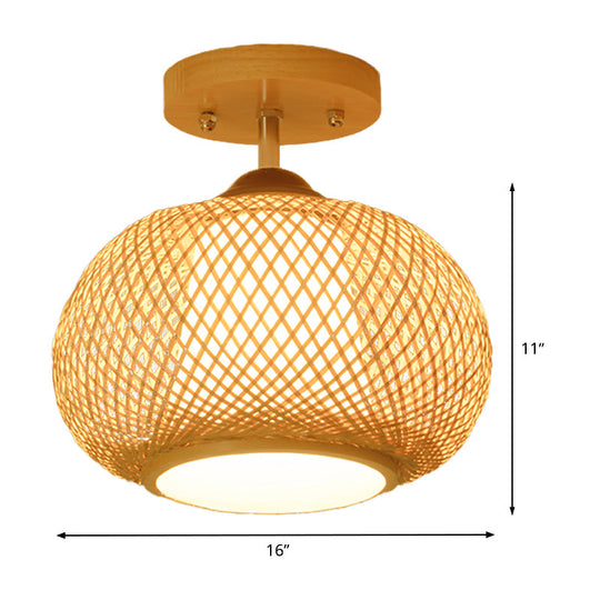 Bamboo Pumpkin Semi-Flush Mount 1-Light Flaxen Ceiling Fixture - 14"/16" Wide