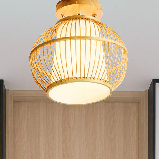 Semi Flush Asian Ceiling Light with Bamboo Shade - Wood Finish