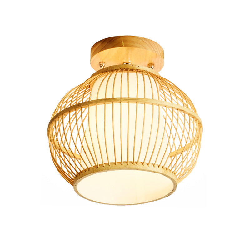 Semi Flush Asian Ceiling Light with Bamboo Shade - Wood Finish