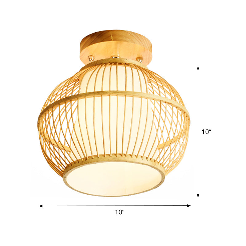 Semi Flush Asian Ceiling Light with Bamboo Shade - Wood Finish