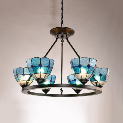 Stained Glass Tiffany Chandelier Lamp - 6 Light Pendant With Adjustable Chain Blue