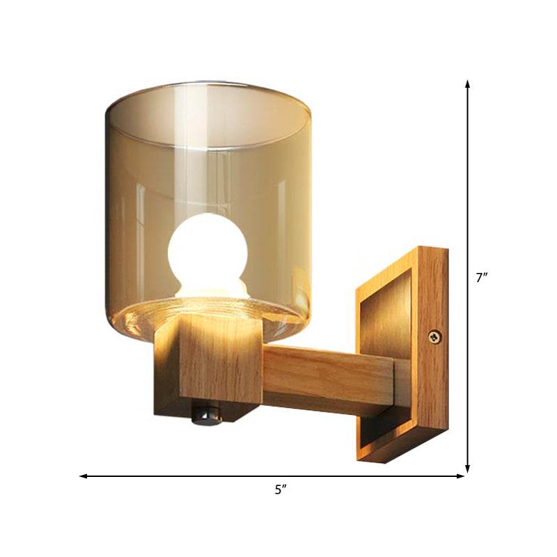 Nordic Style Cognac Glass Wall Sconce Fixture - Minimalist Wood 1-Light Cylinder Light