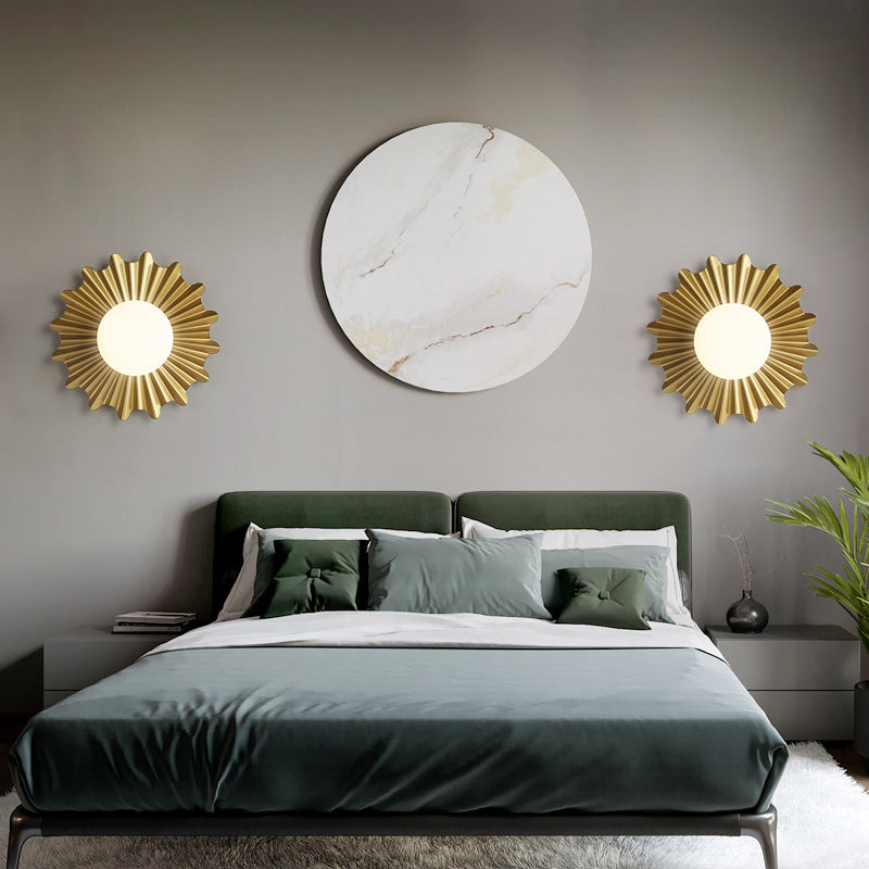 Modern White Glass Sphere Wall Light With Brass Scalloped Backplate - 1 Head