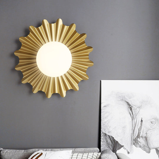 Modern White Glass Sphere Wall Light With Brass Scalloped Backplate - 1 Head