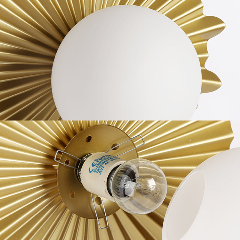 Modern White Glass Sphere Wall Light With Brass Scalloped Backplate - 1 Head