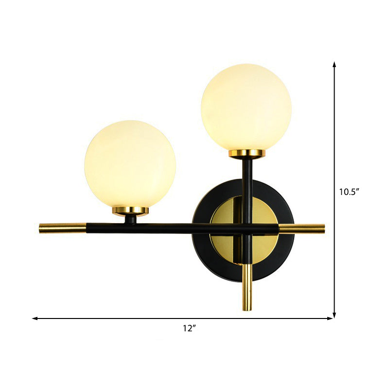 Modern Milk Glass Orb Sconce Wall Light - 2 Lights Black And Brass Cross Design