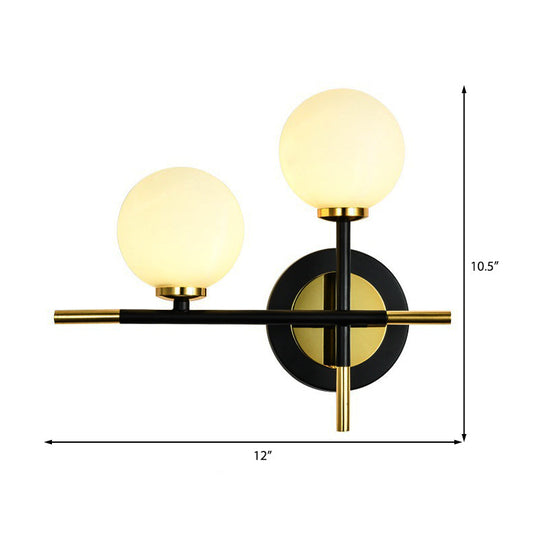 Modern Milk Glass Orb Sconce Wall Light - 2 Lights Black And Brass Cross Design