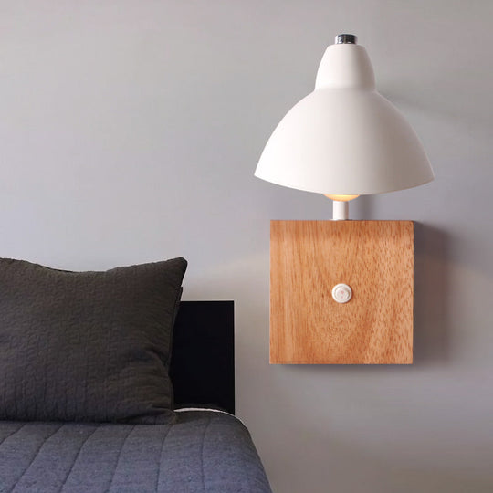 Contemporary Metal Wall Lamp - White Light Sconce With Square Wooden Backplate