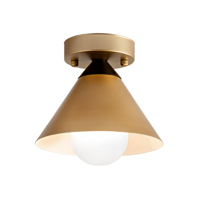 1 Head Golden Flush Mount Ceiling Light with Metal Cone Shade - Minimalist Kitchen Lamp