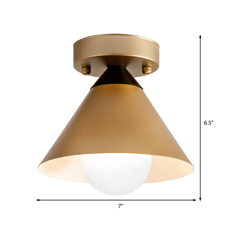 1 Head Golden Flush Mount Ceiling Light with Metal Cone Shade - Minimalist Kitchen Lamp