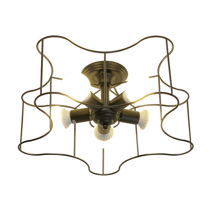 Industrial Star Shaped Metal 5-Bulb Light Fixture in Black/White with Cage for Living Room.