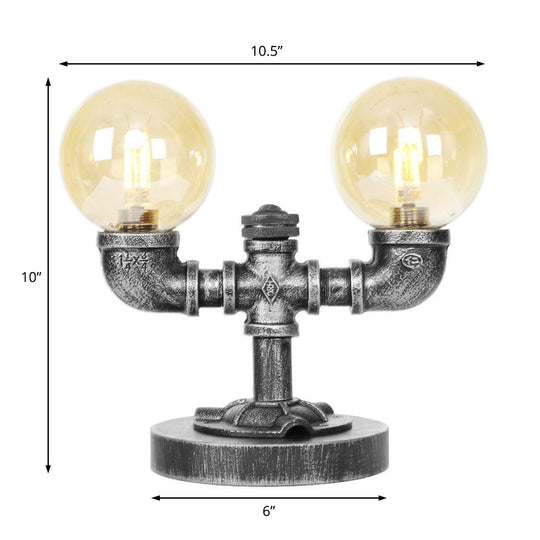 Antique Silver/Bronze Industrial Round Shade Desk Lamp - 2/3-Bulb Clear/Amber Glass Task Lighting