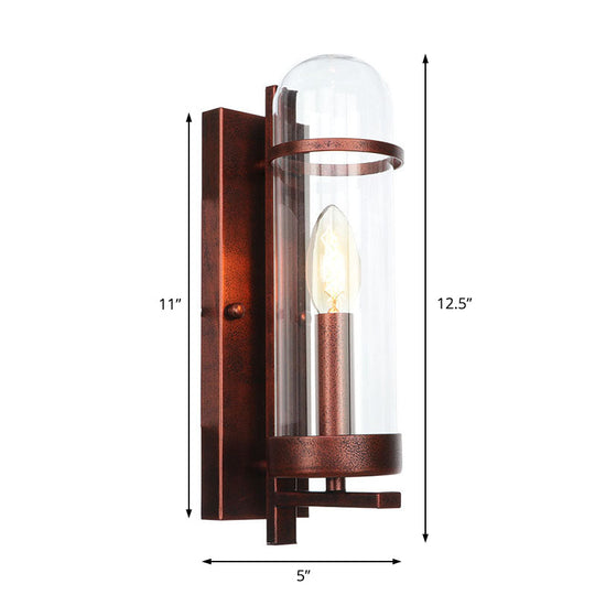 Industrial Rust Clear Glass Sconce Light Fixture For Dining Room - 1-Light Tubular Wall Lamp