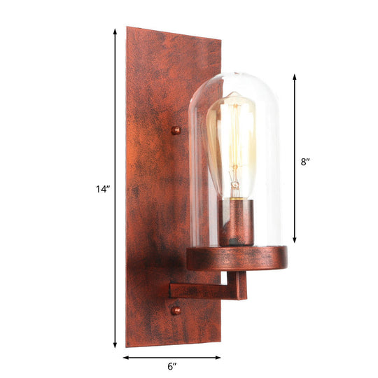 Industrial Rust Clear Glass Sconce Light Fixture For Dining Room - 1-Light Tubular Wall Lamp