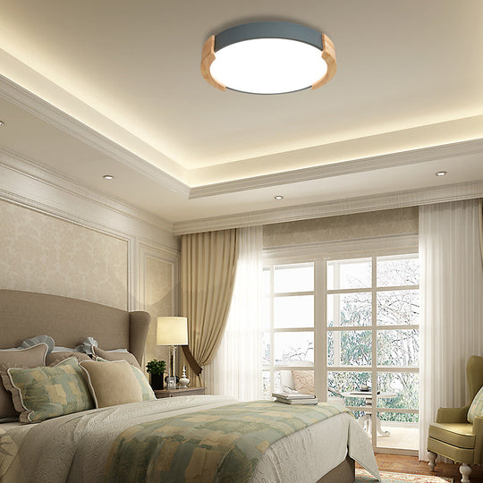 Nordic Grey/White/Green Round Flush Light with Wood Side Guard - Ceiling Mounted Fixture for Bedroom