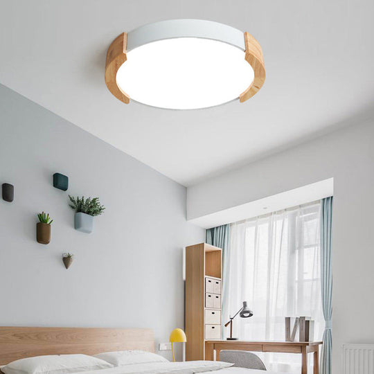 Nordic Grey/White/Green Round Flush Light with Wood Side Guard - Ceiling Mounted Fixture for Bedroom