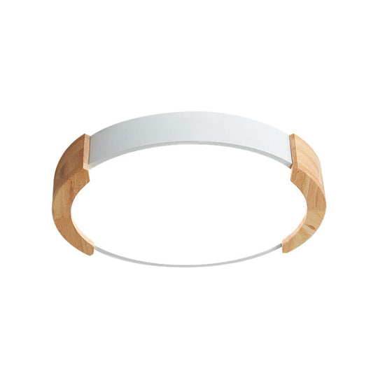 Nordic Grey/White/Green Round Flush Light with Wood Side Guard - Ceiling Mounted Fixture for Bedroom