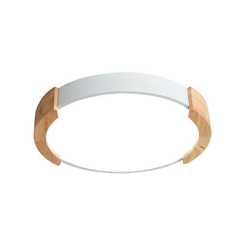 Nordic Grey/White/Green Round Flush Light With Wood Side Guard - Ceiling Mounted Fixture For Bedroom