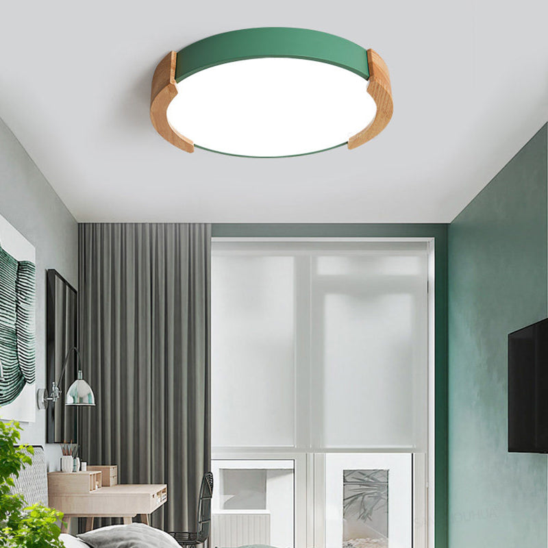 Nordic Grey/White/Green Round Flush Light with Wood Side Guard - Ceiling Mounted Fixture for Bedroom