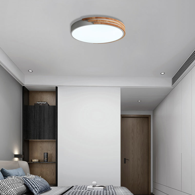 Nordic Style Round Flush Mount Ceiling Light - Wood & Acrylic Fixture In Grey/White/Green 16 Width