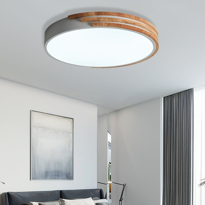 Nordic Style Round Flush Mount Ceiling Light - Wood & Acrylic Fixture in Grey/White/Green, 16" Width