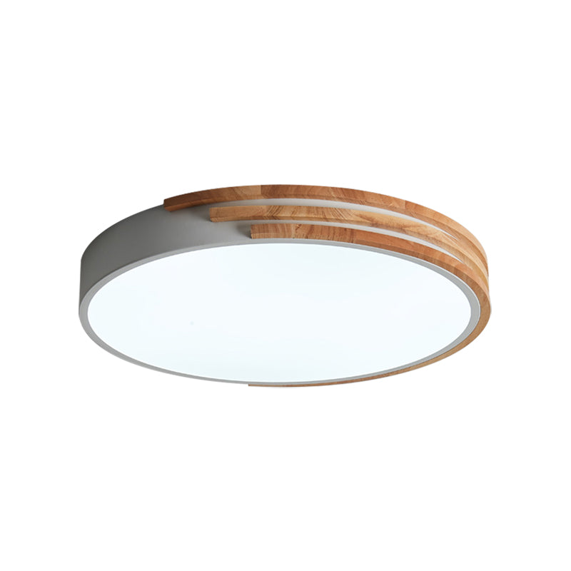 Nordic Style Round Flush Mount Ceiling Light - Wood & Acrylic Fixture In Grey/White/Green 16 Width