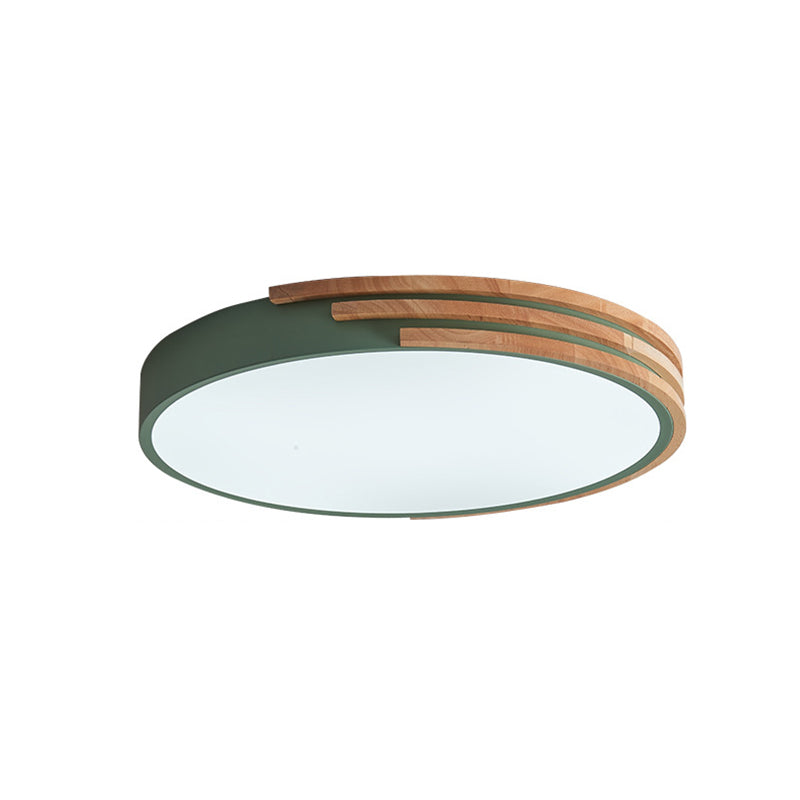 Nordic Style Round Flush Mount Ceiling Light - Wood & Acrylic Fixture in Grey/White/Green, 16" Width