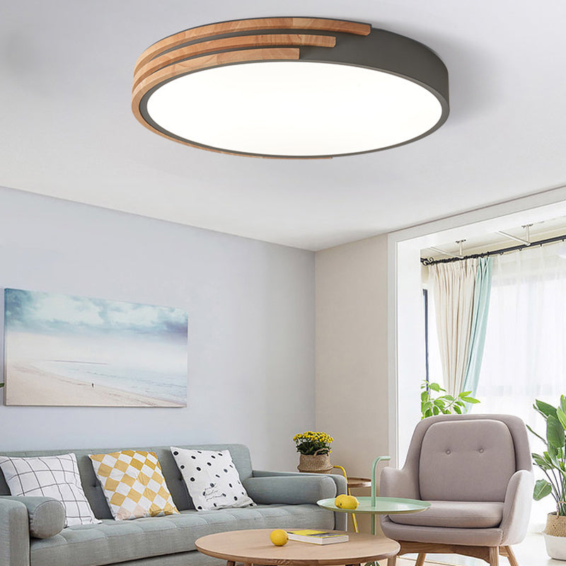 Nordic Style Round Flush Mount Ceiling Light - Wood & Acrylic Fixture in Grey/White/Green, 16" Width