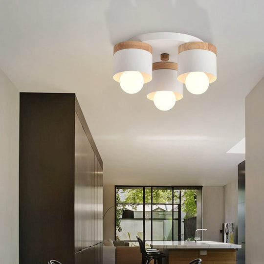 Modern Cylinder Ceiling Lights - 3/7 Heads Metal And Wood Flush Mount For Indoor Use 3 / White