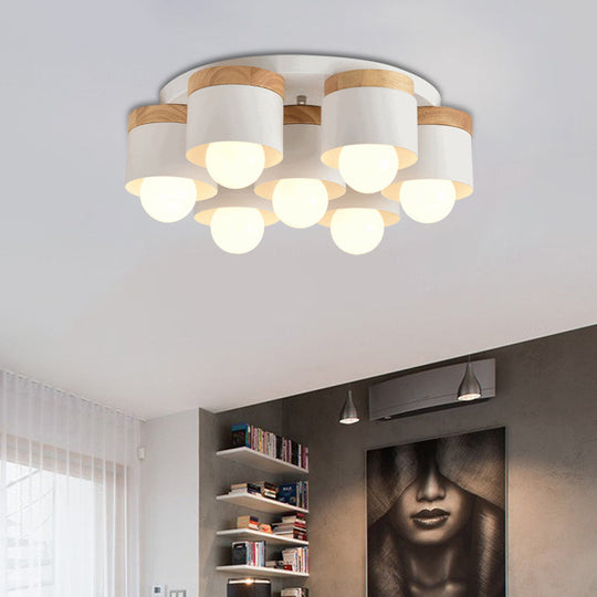 Modern Cylinder Ceiling Lights - 3/7 Heads Metal And Wood Flush Mount For Indoor Use 7 / White