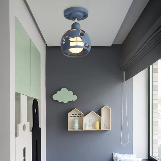 Modern Metal Semi-Flush Light With 1 Head For Hallway - Pink/Yellow/Blue Domed Design Dark Blue