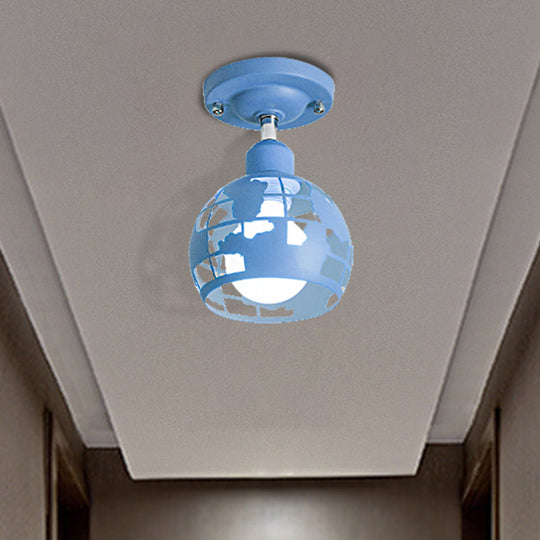 Modern Metal Semi-Flush Light with 1 Head for Hallway - Pink/Yellow/Blue Domed Design