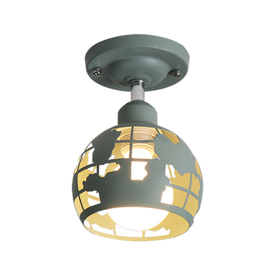 Modern Metal Semi-Flush Light With 1 Head For Hallway - Pink/Yellow/Blue Domed Design