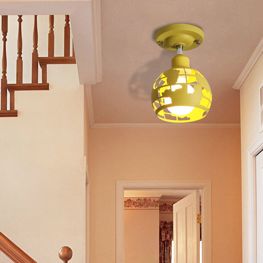 Modern Metal Semi-Flush Light with 1 Head for Hallway - Pink/Yellow/Blue Domed Design