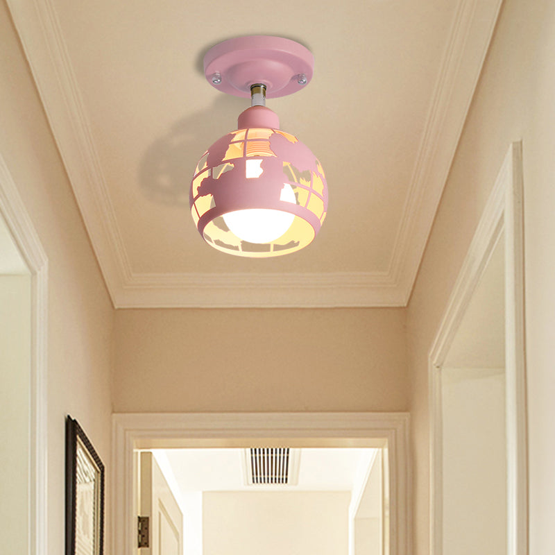 Modern Metal Semi-Flush Light with 1 Head for Hallway - Pink/Yellow/Blue Domed Design