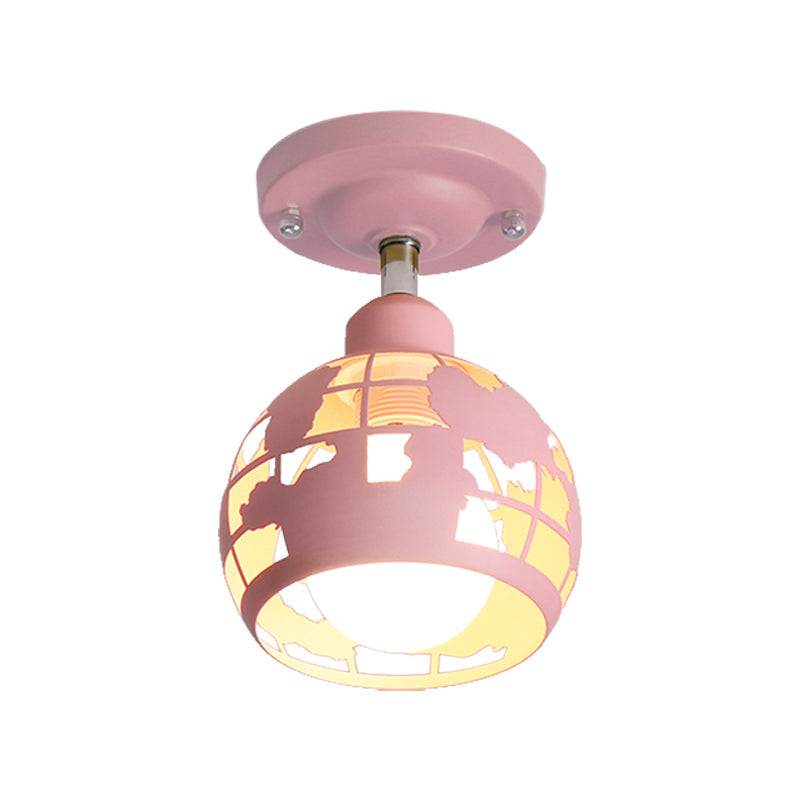 Modern Metal Semi-Flush Light with 1 Head for Hallway - Pink/Yellow/Blue Domed Design